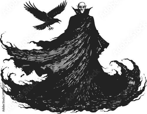 Dark vampire figure with flowing cloak and flying raven, gothic horror vampire silhouette