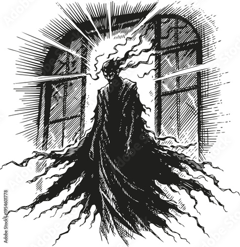 Dark silhouette with glowing light behind standing in gothic arched window with flowing eerie cloak