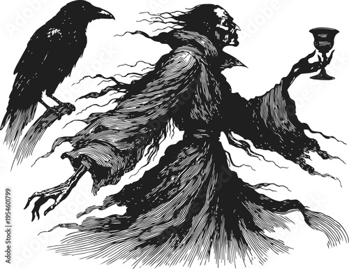 Dark ghostly figure with flowing robes holding a goblet and a perched raven on the arm