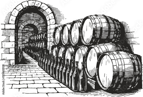wine barrels stacked inside a stone cellar corridor with arched doorway