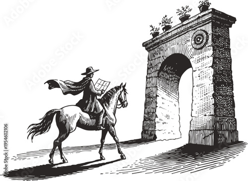 rider on horseback approaching ancient stone archway vintage travel illustration with traveler in cloak and hat reading map