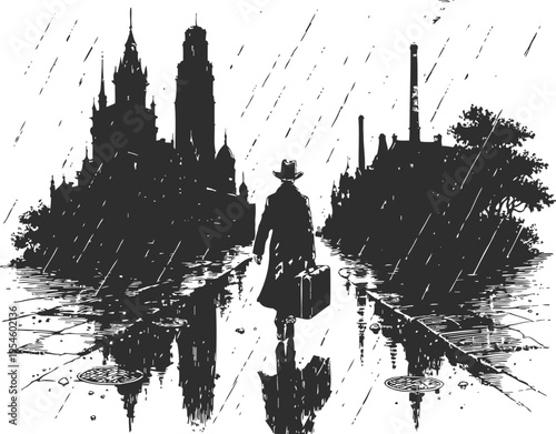 Silhouette of a lone traveler walking on a rainy city street carrying a suitcase with tall buildings and trees