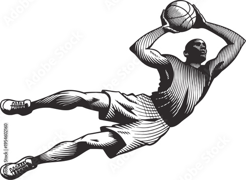 basketball player dunking ball in midair silhouette dynamic action illustration