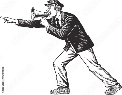 Vintage man shouting through megaphone and pointing finger, retro communication expression