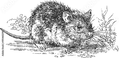 Black and white vintage illustration of a wild rat with a long tail and detailed fur texture