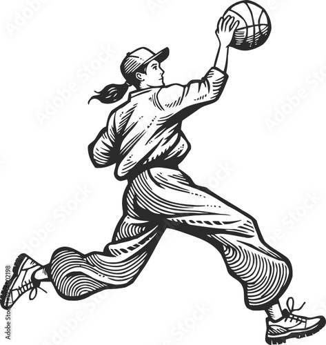 Female basketball player jumping with ball in hand ready to score a slam dunk