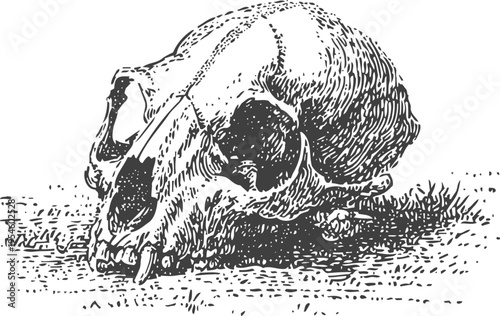 illustration of an animal skull with fangs detailed vintage engraving drawing
