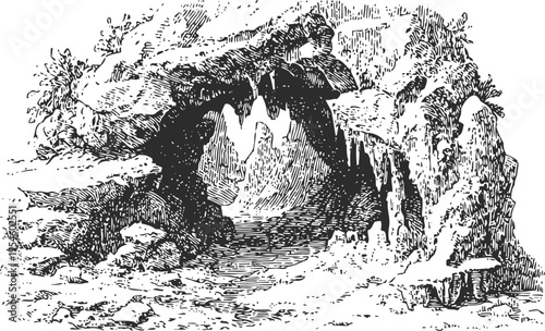 Ancient limestone cave entrance with jagged rock formations and natural shadows