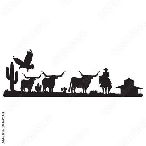 Western ranch silhouette with cowboy cattle desert landscape and flying eagle.