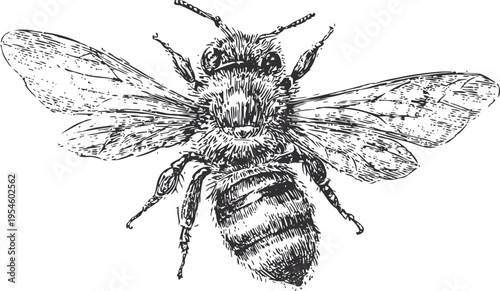 Detailed black and white bee illustration with wings spread, insect anatomy sketch, honeybee drawing