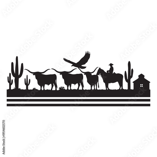 Western ranch silhouette with cowboy cattle desert landscape and flying eagle.