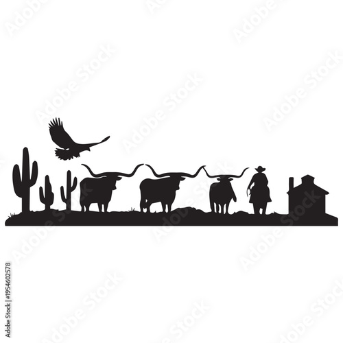 Western ranch silhouette with cowboy cattle desert landscape and flying eagle.