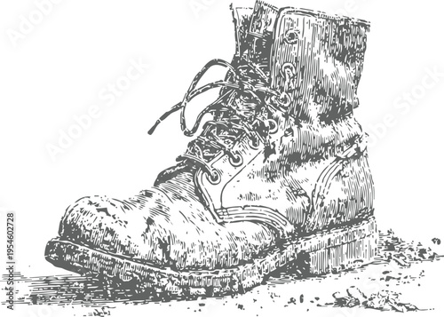 worn rugged boot with detailed textures and dirt vintage hand drawn illustration of old footwear