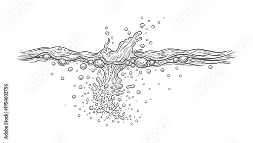 Of water splash and bubbles in black and white liquid movement