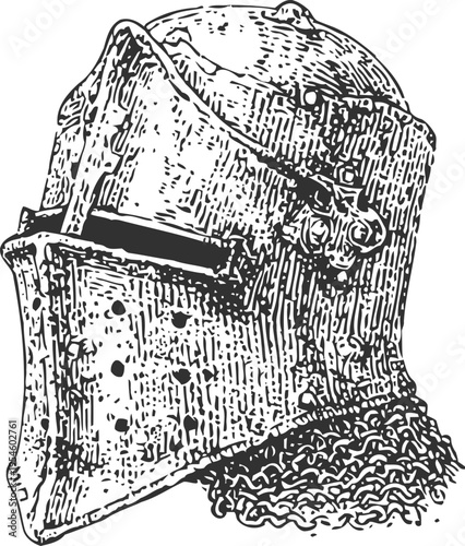 Medieval knight helmet with visor and chainmail illustration in vintage engraving