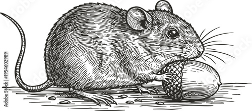 Mouse eating nut detailed vintage black and white line art of small rodent gnawing on a walnut