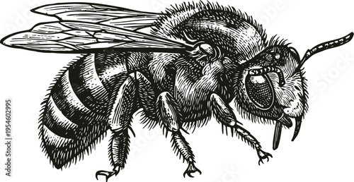 Detailed bee illustration close up insect drawing pollinator, honeybee with wings and striped body