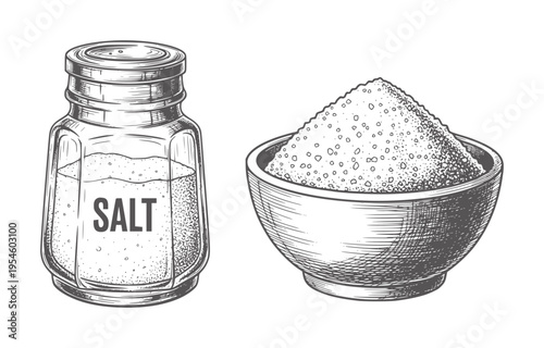 Vintage salt shaker and wooden bowl filled with salt