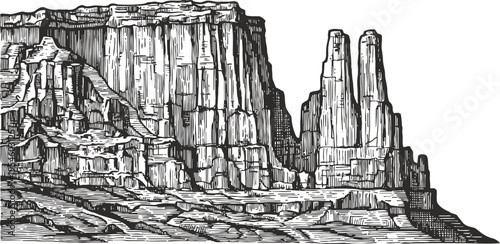 black and white detailed drawing of desert canyon rock formations and cliffs landscape