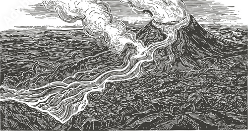 Volcano erupting lava flow and smoke in volcanic landscape black and white engraving
