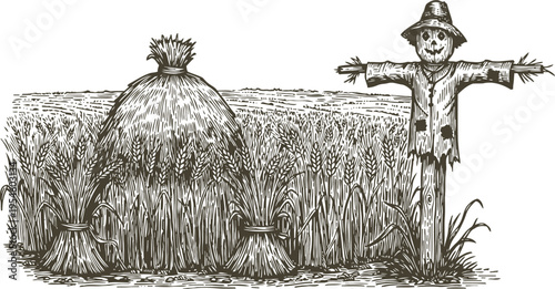 Vintage black and white illustration of a wheat field with bundles, haystack, and scarecrow