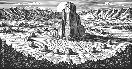 Ancient stone circle with central monolith in mountainous landscape at sunrise or sunset