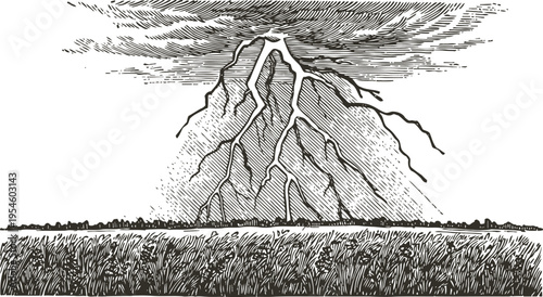 Illustration of a volcanic mountain erupting lightning bolts over a wheat field horizon