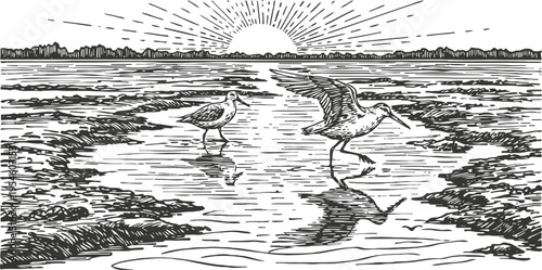 Sunset beach landscape with wading shorebirds and tidal pools in coastal nature