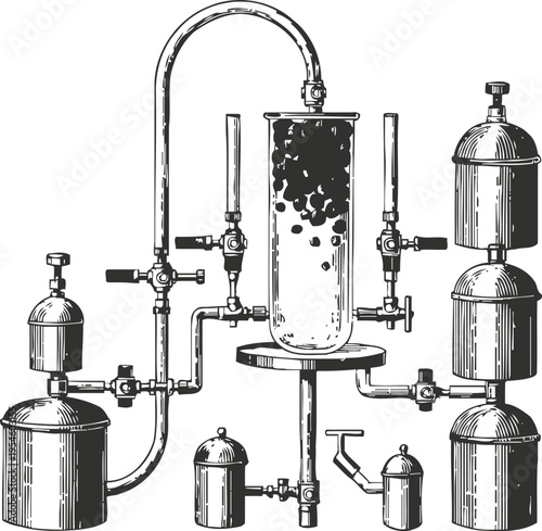 Vintage distillation apparatus illustration with interconnected glass containers and valves