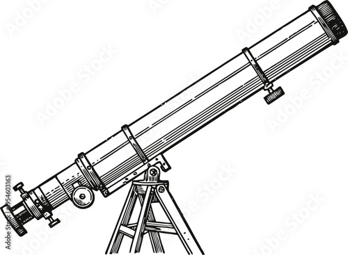 Classic refracting telescope on tripod stand vintage astronomy instrument sketch design for stargazing and observation