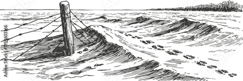 Footprints on a sandy beach with a wooden post and wire fence in a black and white sketch