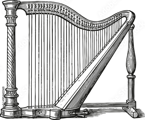Vintage harp illustration classical musical instrument with strings and ornate wood frame