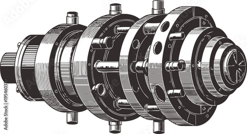 Detailed mechanical turbine component illustration with cylindrical sections and bolted flanges