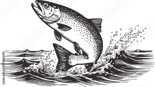 Jumping salmon fish in water splash fresh wild fish leaping from river or lake with dynamic waves and movement
