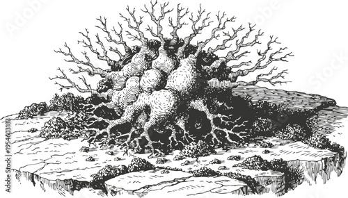 surreal fantasy tree with bulbous roots and twisted branches on cracked rocky terrain