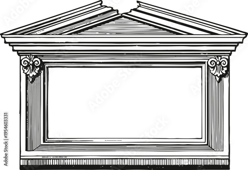 Classical pediment with blank rectangular panel, ancient architectural element, vintage line art frame
