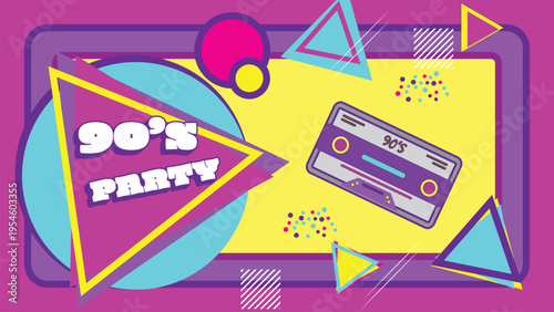 90s retro music background with cassette tape, colorful Memphis shapes and playful design for poster, banner, invitation and creative layout use