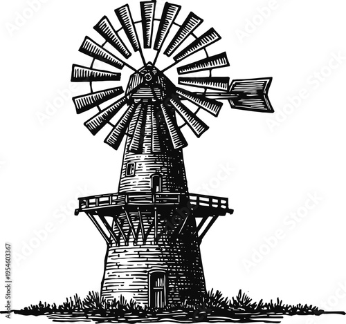 vintage windmill illustration with rotating blades and wooden tower on grassy ground