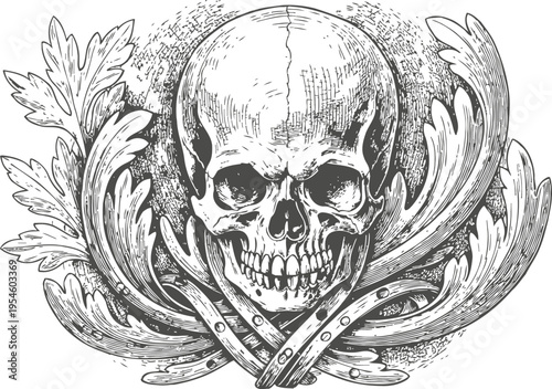 Detailed skull illustration with vintage ornamental leaves and crossed straight razors in black and white
