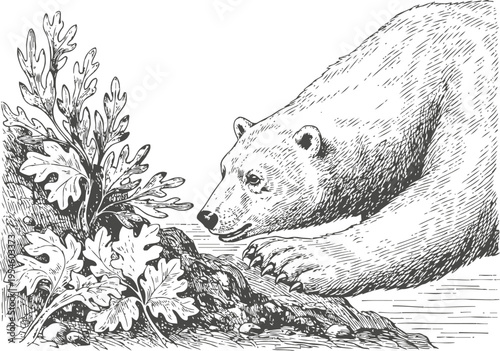 Detailed black and white illustration of a bear sniffing plants by the water's edge in nature