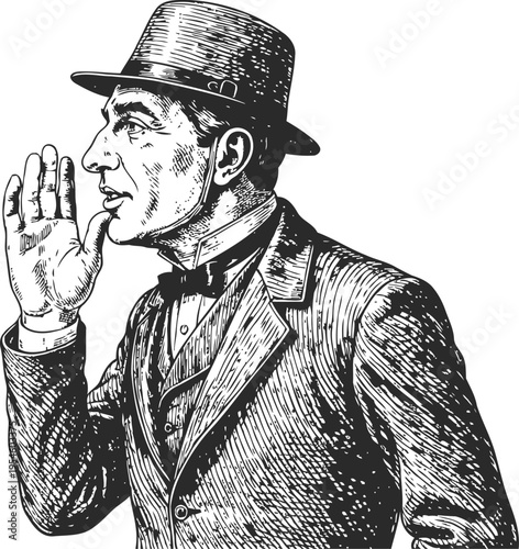 Vintage man whispering with hand near mouth, wearing hat and suit, retro illustration