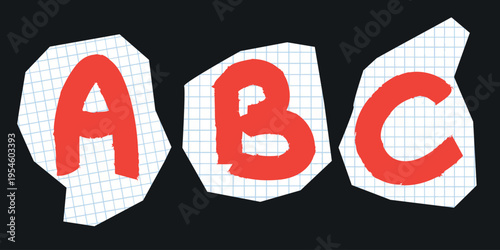 A collection of vector ABC letters in a scrapbooking style, drawn with crayons and markers. These hand-drawn letters with torn paper edges are perfect for creative layouts, posters, and DIY designs