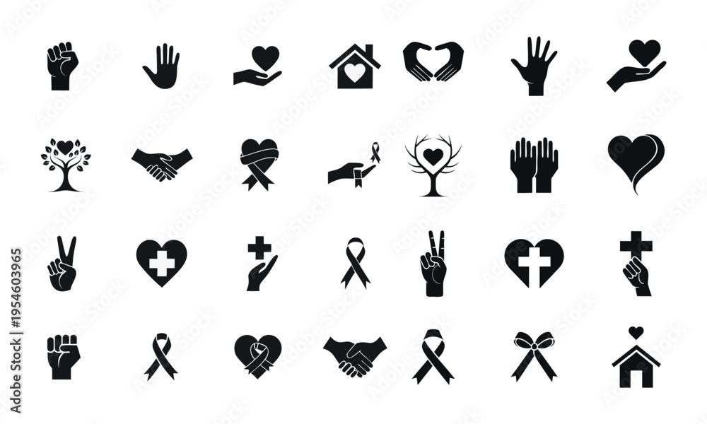 Obraz premium Collection of diverse black and white social awareness icons isolated transparent background