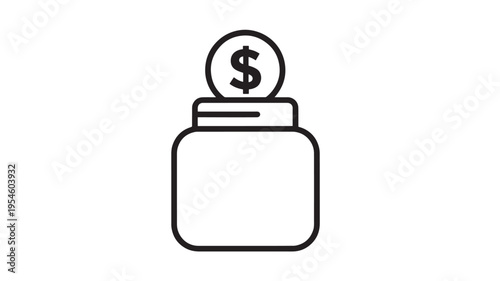 Jar icon with a dollar coin inserted, representing savings and financial accumulation in a simple, clean outline style for financial concepts.