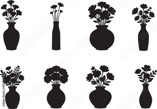 Black silhouette illustrations of various flower bouquets arranged in vases
