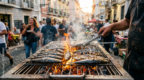 Fresh sardines grill over an open flame at a bustling Portuguese street festival. Smoke and sparks rise as crowds enjoy the traditional summer atmosphere in Lisbon.