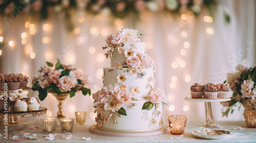 luxury wedding cake decorated with delicate pink roses and gold leaf accents on elegant dessert table with bokeh background