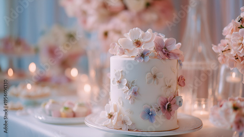 luxury wedding cake decorated with delicate pink roses and gold leaf accents on elegant dessert table with bokeh background