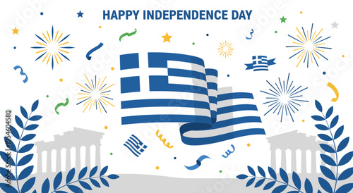 Happy independence day greeting with greek flag and historical buildings