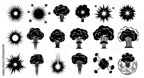 Explosion Icons: Atomic Bomb, Blast, Burst, Boom, Fireball, Smoke Cloud Vector Set